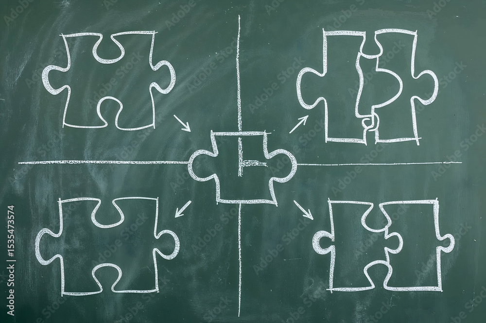 Chalkboard Diagram Illustrating the Connection Between Puzzle Pieces, Symbolizing Problem-Solving and Strategic Solutions Chalkboard Diagram Illustrating the Connection Between Puzzle Pieces, Symbolizing Problem-Solving and Strategic Solutions