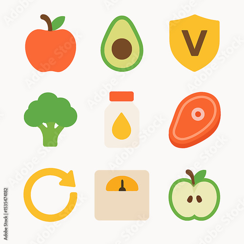 Illustration of healthy food icons: apple, avocado, vitamin, broccoli, supplements, meat, refresh, scale, and apple slice.