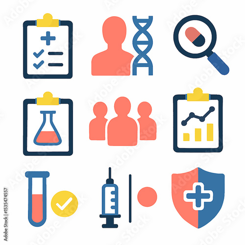 Collection of medical and scientific icons, including patient profiles, research, and treatment.