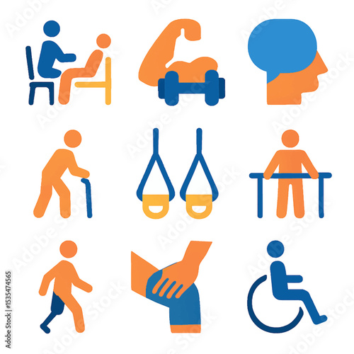 Diverse accessibility icons depicting physical therapy, fitness, aging, and disability.