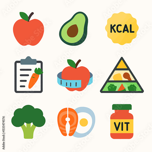 Healthy eating icons:  fruits, vegetables,  diet plan, and nutritional supplements.