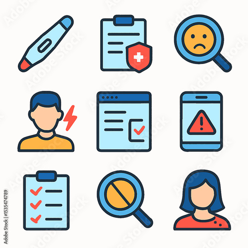 A collection of medical and health related icons, showing various conditions and tools.