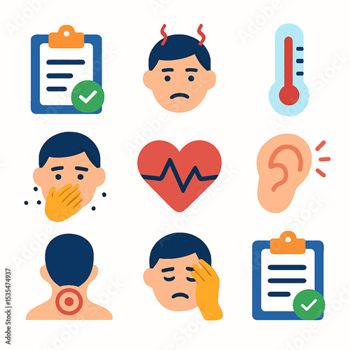 Illustrations depicting various health symptoms, medical checkup, and well-being.