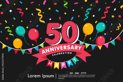 50th years anniversary celebration emblem. congratulations anniversary logo isolated with colorful confetti, bunting flag, balloons and ribbon. vector illustration template design
