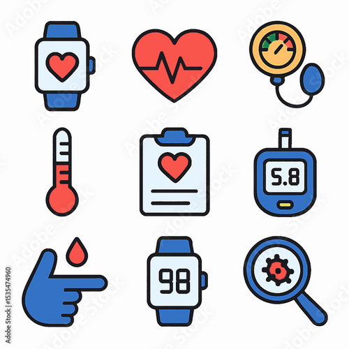 Collection of medical icons representing health monitoring and vital signs, in a flat style.