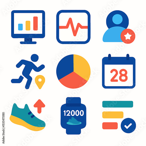 Collection of colorful icons representing data analysis, health tracking, user profile, and scheduling, arranged in a grid.
