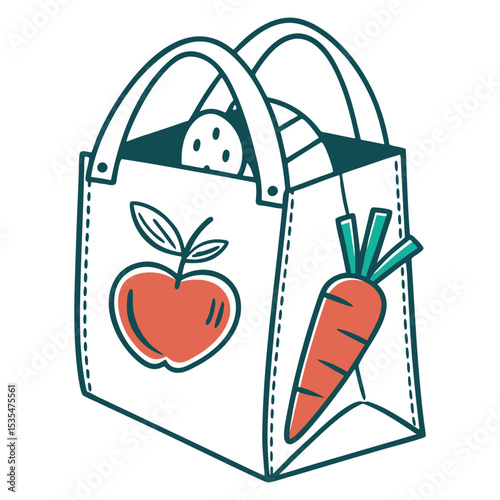 Grocery bag with apple and carrot flat clean vector design