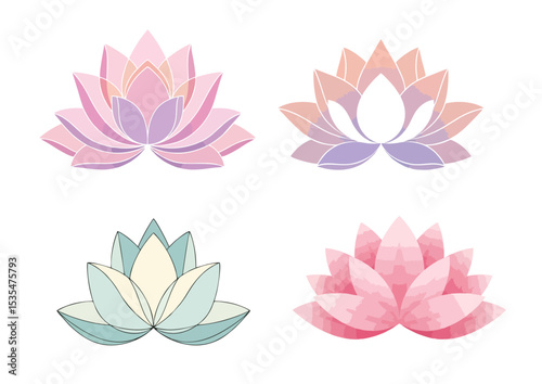 Stylized lotus flower with symmetrical petals and gentle gradients, calm composition on white background