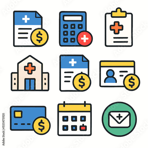 Healthcare cost icons: medical bills, payments, hospital, calendar, and insurance.