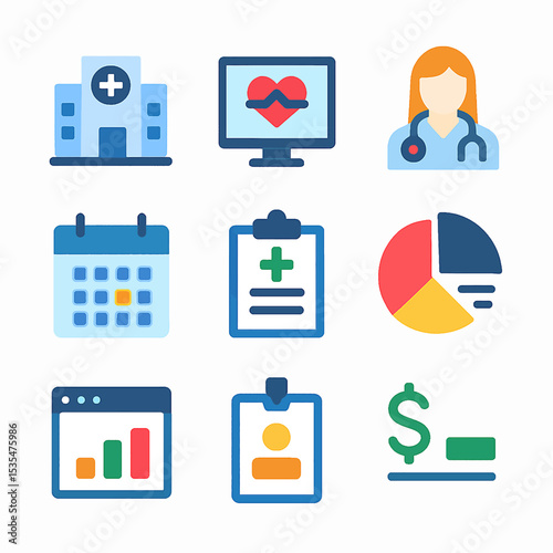 Healthcare, data analysis, and scheduling icons;  medical appointments, statistics, and hospital representation.