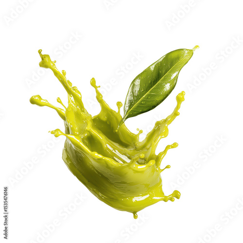 Green Liquid Splash with Leaf - Fresh and Healthy Drink , PNG isolated cut out image