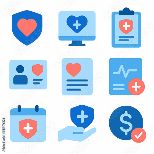 A collection of healthcare and medical icons, representing health insurance and services.