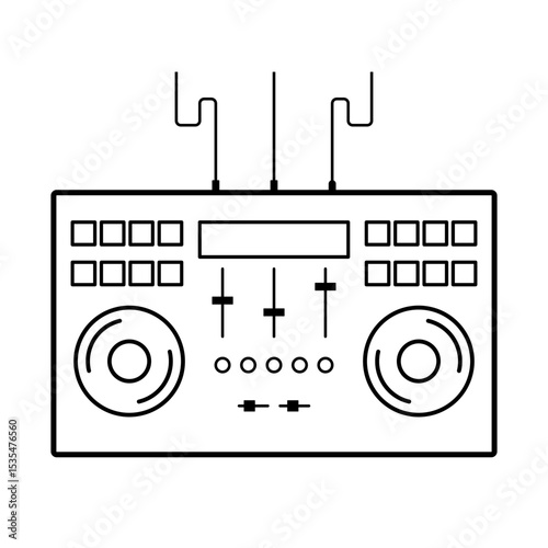Minimalist Vector DJ Controller Vector Illustration. A clean, black and white line art vector illustration of a professional DJ controller.
