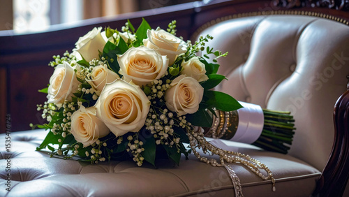 A beautiful bridal bouquet of pink roses and other flowers rests on a table beside a wedding cake, celebrating love and marriage