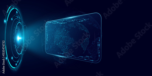 Futuristic holographic HUD interface displaying a digital world map with glowing blue circuits and a sleek. Global cybersecurity, tech innovation, and sci-fi concept for UI design. Vector illustration