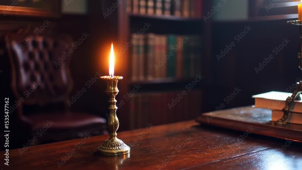 Elegant candle burning on a wooden table in a library with bookshelves background Elegant candle burning on a wooden table in a library with bookshelves background