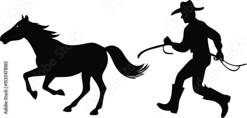 Cowboy chasing a running horse silhouette depicting western frontier and ranching lifestyle