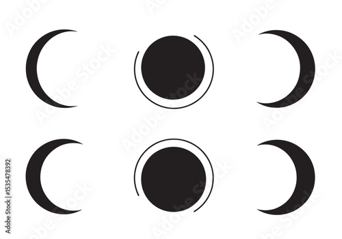 Stylized illustration of lunar phases depicted in black and white isolated on white background