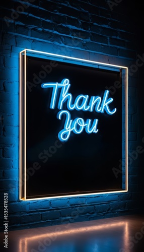 A neon sign with the words 'Thank You' illuminated in bright blue against a dark brick wall. The sign has a modern and stylish design.