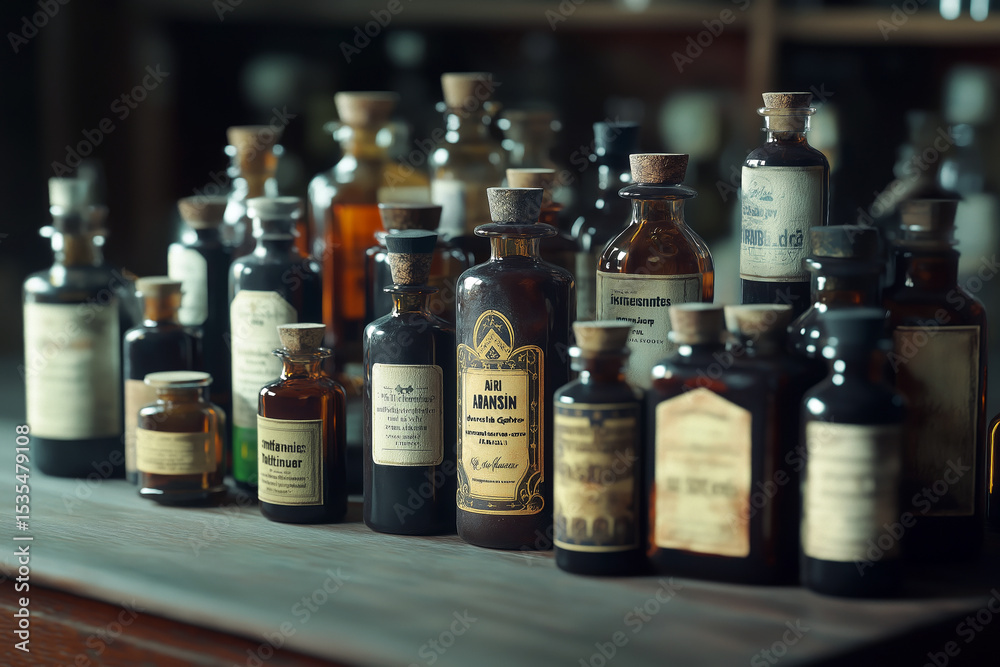 custom made wallpaper toronto digitalVintage glass apothecary bottles with old labels and cork stoppers arranged on a wooden surface, evoking a historical pharmacy or antique medicine collection.