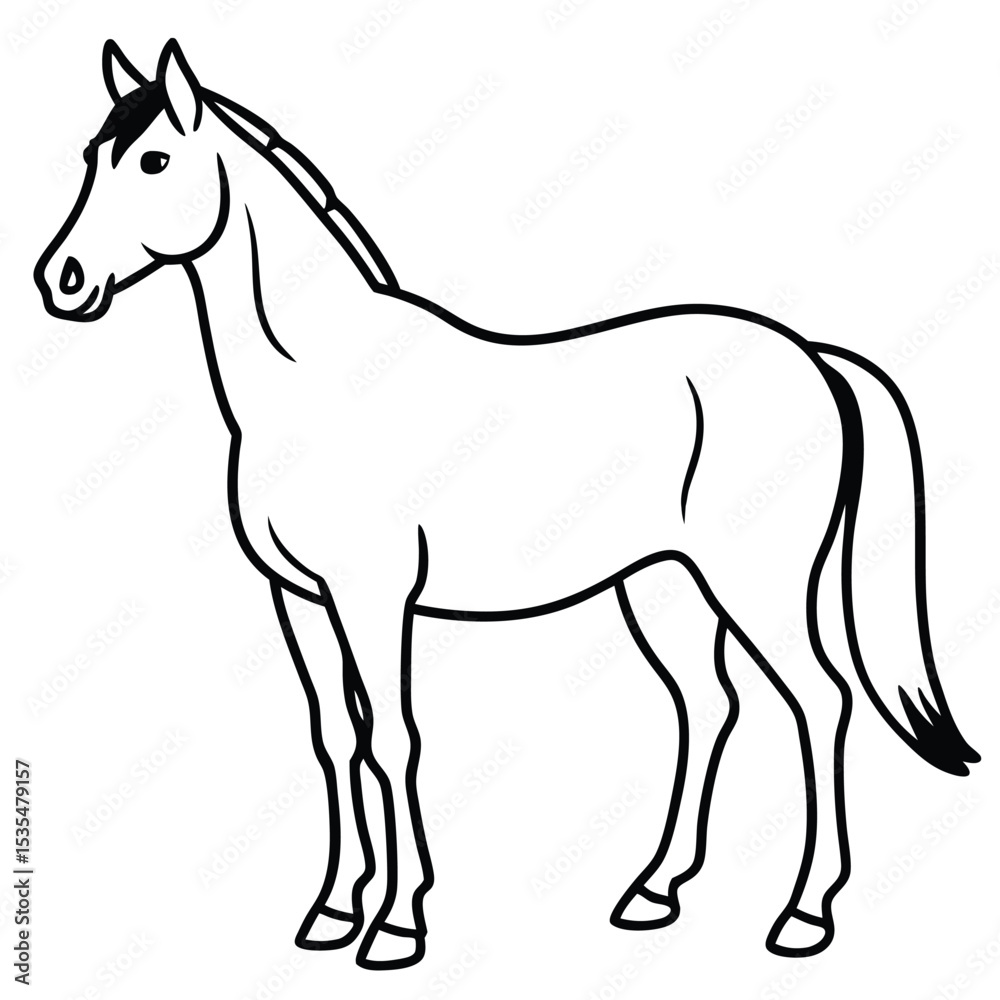 Fototapeta premium Elegant black and white vector illustration of a standing horse on a plain white background
