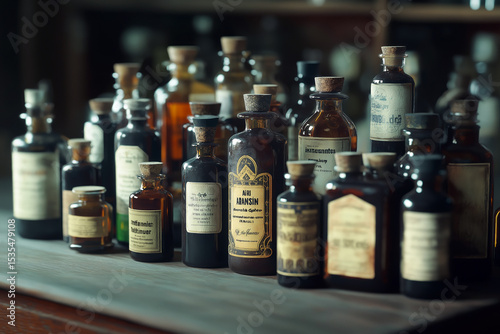 Vintage glass apothecary bottles with old labels and cork stoppers arranged on a wooden surface, evoking a historical pharmacy or antique medicine collection.
