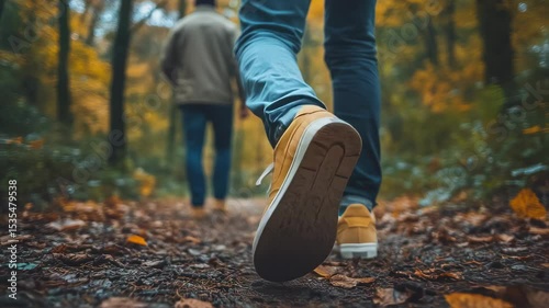 Autumn stroll: Footwear on a leafy path through golden autumn forest