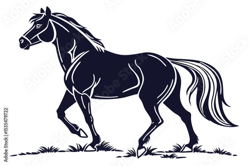 Elegant black horse silhouette running gracefully across a white background depicting nature