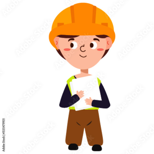oung Engineer or Construction Worker Boy Wearing a Yellow Hard Hat and Safety Vest, Holding Blueprints, Cartoon Vector.