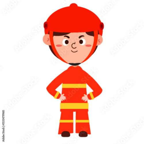 Happy Child Dressed as a Firefighter in a Bright Red Helmet and Uniform with Yellow Stripes, Cartoon Illustration.