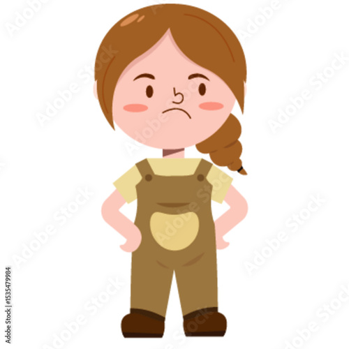Unhappy or Annoyed Little Girl with Braided Hair Wearing Brown Overalls, Hands on Hips with a Frowning Face.
