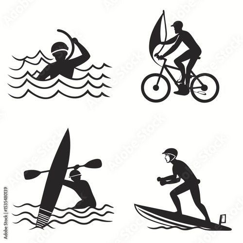Black vector icons of summer activities: swimming, surfing, biking, kayaking – bold and simple silhouettes, 