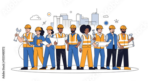 Diverse Workforce and Skilled Professionals Teamwork and Collaboration in Industrial Setting Illustration