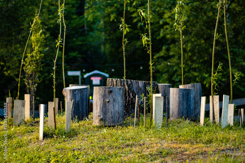 Fototapeta premium Small tree saplings supported by wooden stakes and surrounded by cut tree stumps in a grassy area, with forest background and soft evening light.