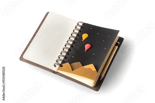 Open notebook with hot air balloon and mountain design on black paper. photo