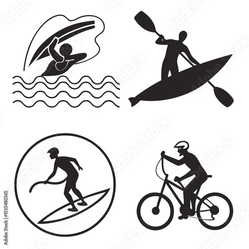 Black vector icons of summer activities: swimming, surfing, biking, kayaking – bold and simple silhouettes, 