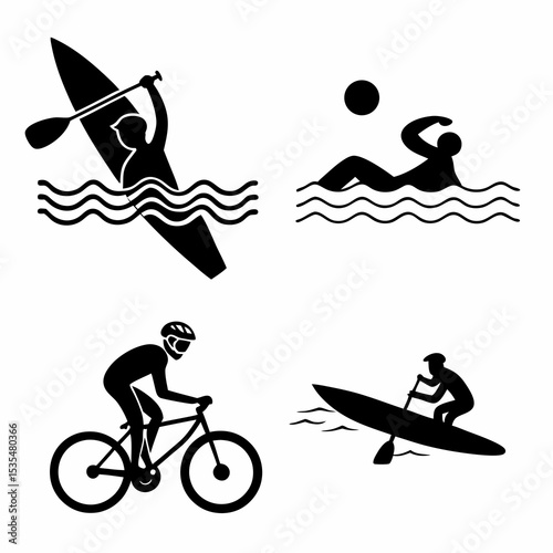 Black vector icons of summer activities: swimming, surfing, biking, kayaking – bold and simple silhouettes, 