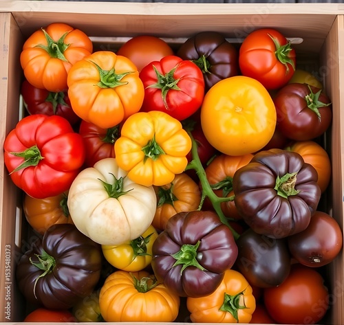 A wooden crate filled with organic heirloom tomatoes in various colors.