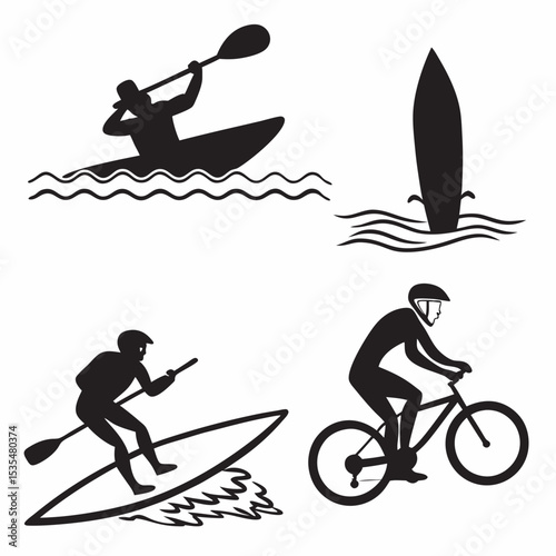 Black vector icons of summer activities: swimming, surfing, biking, kayaking – bold and simple silhouettes, 