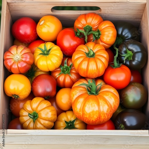 A wooden crate filled with organic heirloom tomatoes in various colors.