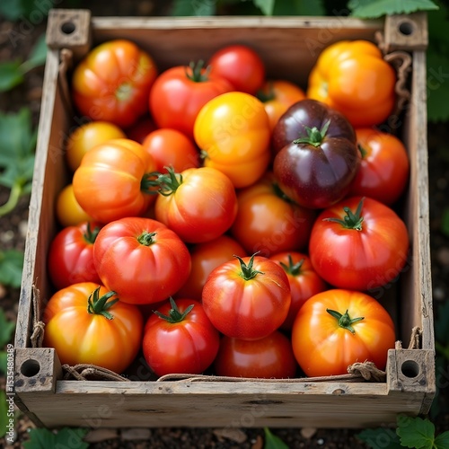 A wooden crate filled with organic heirloom tomatoes in various colors.