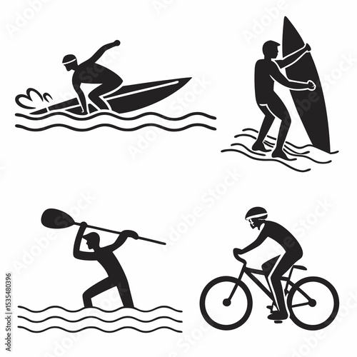Black vector icons of summer activities: swimming, surfing, biking, kayaking – bold and simple silhouettes, 