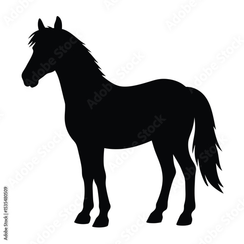 Elegant black silhouette of a horse standing against a clean white background