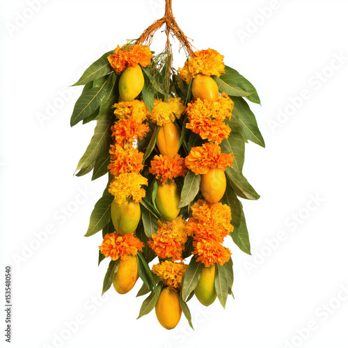 Vibrant Floral Arrangement with Mangoes and Marigolds , PNG isolated cut out image