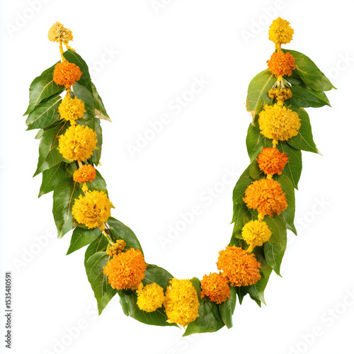 Vibrant Floral Garland with Marigolds and Leaves , PNG isolated cut out image