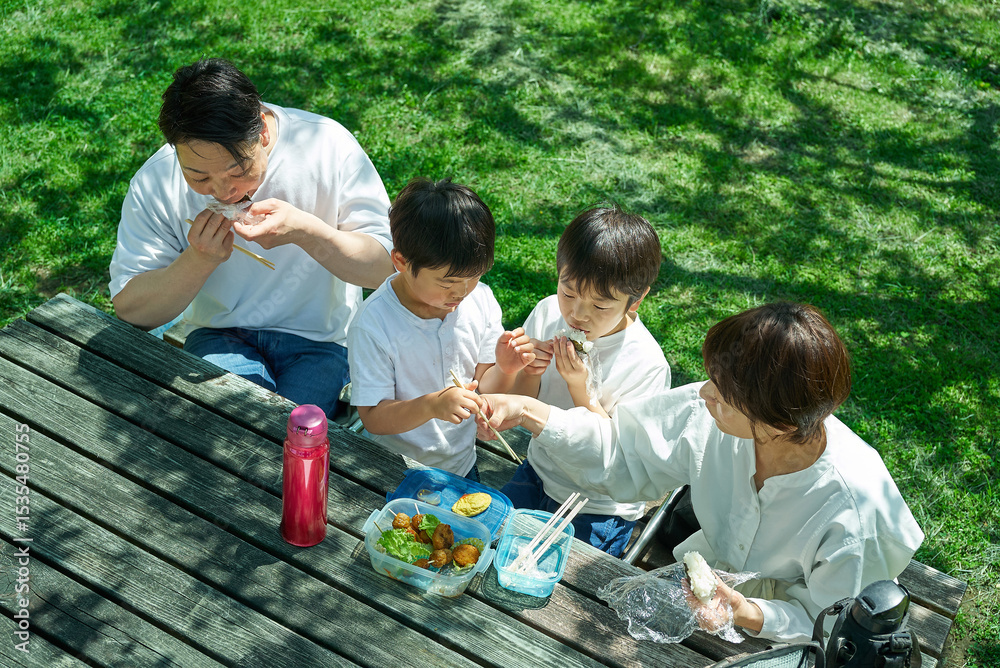Obraz premium 緑地のテーブルでお弁当を食べる親子