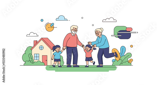 Grandparents Play Happily with Their Grandchildren in Front of the House on Lawn