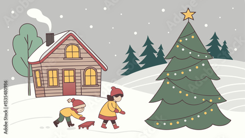 children playing with snow in the park, Christmas theme