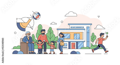 Family Generations Enjoying Time Outdoor Together in Front of Their Modern House