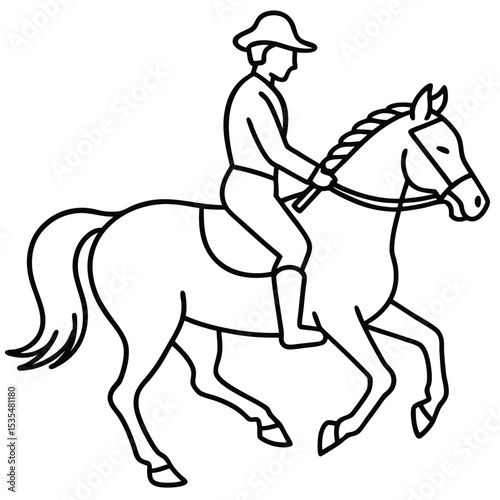Elegant line drawing of a rider on a galloping horse in black and white